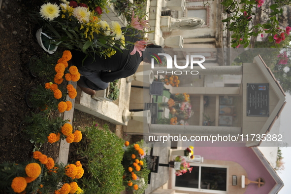 A person decorates the grave of their loved ones with cempasuchil flowers at the Municipal Cemetery of San Juan del Rio. Mexicans visit the...