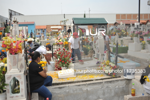 People decorate the graves of their loved ones with cempasuchil flowers at the Municipal Cemetery of San Juan del Rio. Mexicans visit the ce...