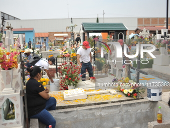 People decorate the graves of their loved ones with cempasuchil flowers at the Municipal Cemetery of San Juan del Rio. Mexicans visit the ce...