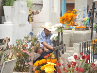 A person decorates the grave of their loved ones with cempasuchil flowers at the Municipal Cemetery of San Juan del Rio. Mexicans visit the...