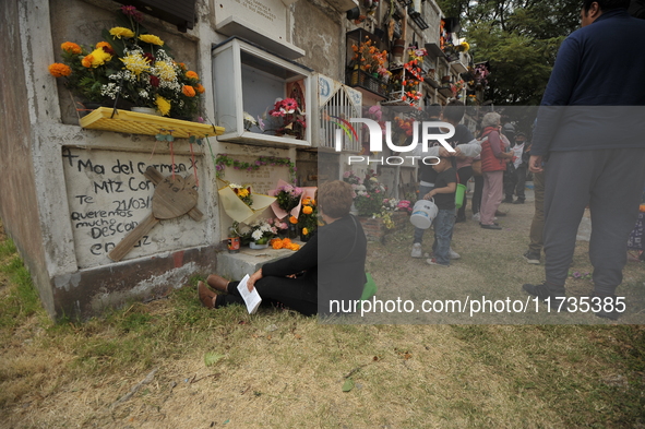 People decorate the graves of their loved ones with cempasuchil flowers at the Municipal Cemetery of San Juan del Rio. Mexicans visit the ce...