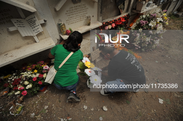 People decorate the graves of their loved ones with cempasuchil flowers at the Municipal Cemetery of San Juan del Rio. Mexicans visit the ce...