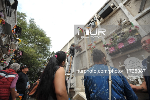 People decorate the graves of their loved ones with cempasuchil flowers at the Municipal Cemetery of San Juan del Rio. Mexicans visit the ce...