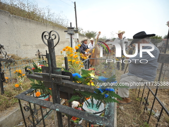 People decorate the graves of their loved ones with cempasuchil flowers at the Municipal Cemetery of San Juan del Rio. Mexicans visit the ce...