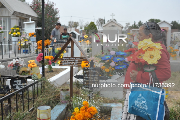 A person decorates the grave of her loved ones with cempasuchil flowers at the Municipal Cemetery of San Juan del Rio. Mexicans visit the ce...