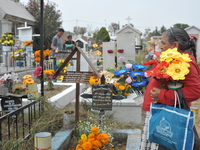 A person decorates the grave of her loved ones with cempasuchil flowers at the Municipal Cemetery of San Juan del Rio. Mexicans visit the ce...