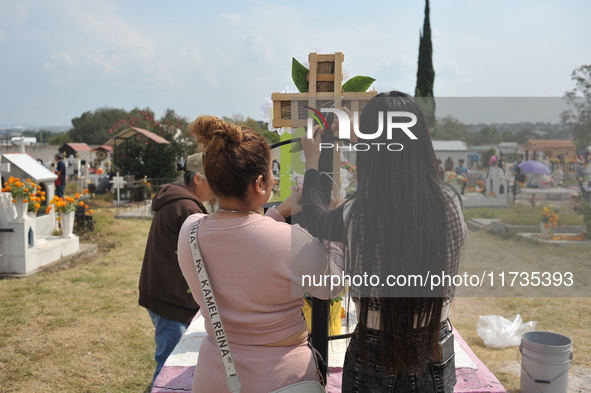 People decorate the graves of their loved ones with cempasuchil flowers at the Municipal Cemetery of San Juan del Rio. Mexicans visit the ce...