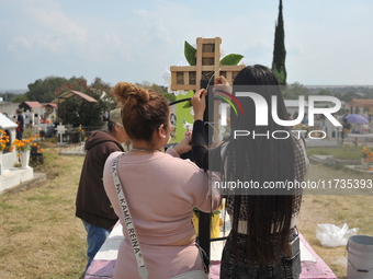 People decorate the graves of their loved ones with cempasuchil flowers at the Municipal Cemetery of San Juan del Rio. Mexicans visit the ce...