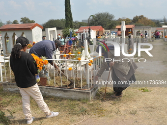 People decorate the graves of their loved ones with cempasuchil flowers at the Municipal Cemetery of San Juan del Rio. Mexicans visit the ce...