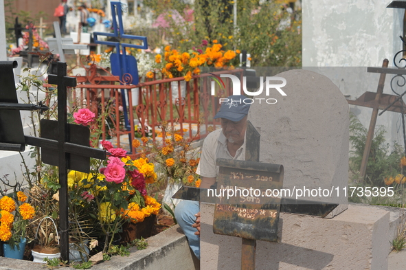 A person decorates the grave of their loved ones with cempasuchil flowers at the Municipal Cemetery of San Juan del Rio. Mexicans visit the...