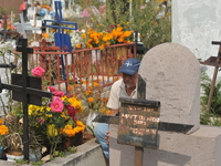 A person decorates the grave of their loved ones with cempasuchil flowers at the Municipal Cemetery of San Juan del Rio. Mexicans visit the...