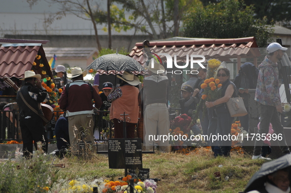 People decorate the graves of their loved ones with cempasuchil flowers at the Municipal Cemetery of San Juan del Rio. Mexicans visit the ce...