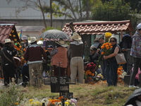 People decorate the graves of their loved ones with cempasuchil flowers at the Municipal Cemetery of San Juan del Rio. Mexicans visit the ce...