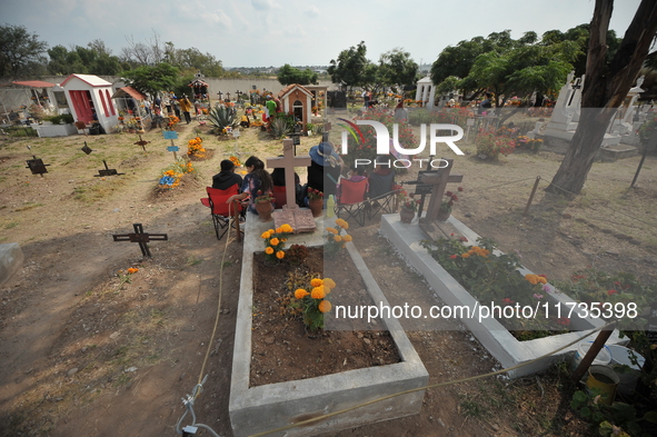 People decorate the graves of their loved ones with cempasuchil flowers at the Municipal Cemetery of San Juan del Rio. Mexicans visit the ce...