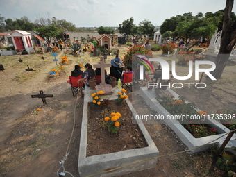 People decorate the graves of their loved ones with cempasuchil flowers at the Municipal Cemetery of San Juan del Rio. Mexicans visit the ce...