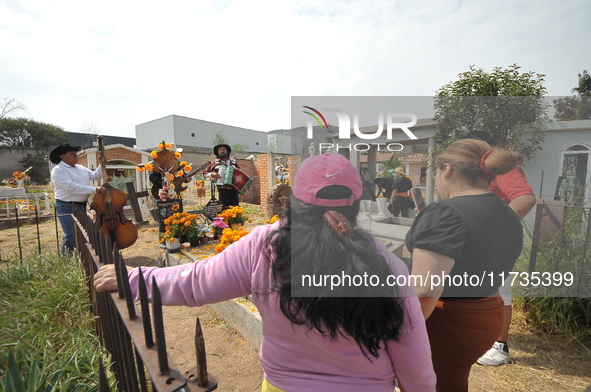 People decorate the graves of their loved ones with cempasuchil flowers at the Municipal Cemetery of San Juan del Rio. Mexicans visit the ce...