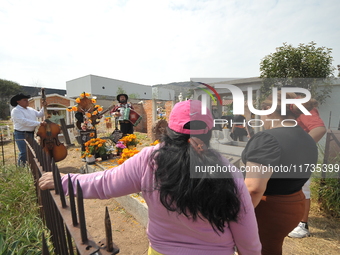 People decorate the graves of their loved ones with cempasuchil flowers at the Municipal Cemetery of San Juan del Rio. Mexicans visit the ce...