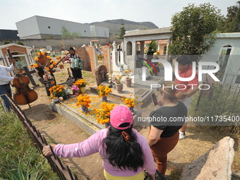 People decorate the graves of their loved ones with cempasuchil flowers at the Municipal Cemetery of San Juan del Rio. Mexicans visit the ce...