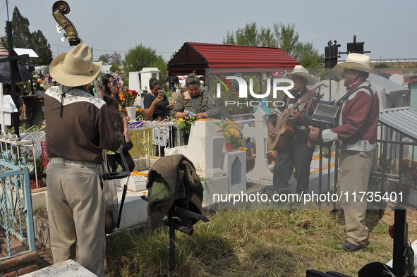 People decorate the graves of their loved ones with cempasuchil flowers at the Municipal Cemetery of San Juan del Rio. Mexicans visit the ce...