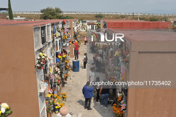 People decorate the graves of their loved ones with cempasuchil flowers at the Municipal Cemetery of San Juan del Rio. Mexicans visit the ce...