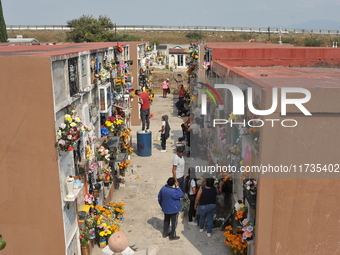 People decorate the graves of their loved ones with cempasuchil flowers at the Municipal Cemetery of San Juan del Rio. Mexicans visit the ce...