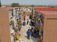 People decorate the graves of their loved ones with cempasuchil flowers at the Municipal Cemetery of San Juan del Rio. Mexicans visit the ce...