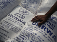 People receive bags of flour distributed by a United Nations aid organization in Deir Al-Balah, in the central Gaza Strip, on November 3, 20...