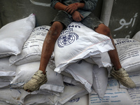 A Palestinian boy sits on top of sacks of flour at a United Nations Relief and Works Agency (UNRWA) aid distribution center amid the Israel-...