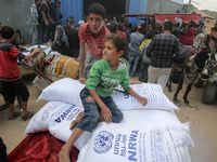 A Palestinian boy sits on top of sacks of flour at a United Nations Relief and Works Agency (UNRWA) aid distribution center amid the Israel-...