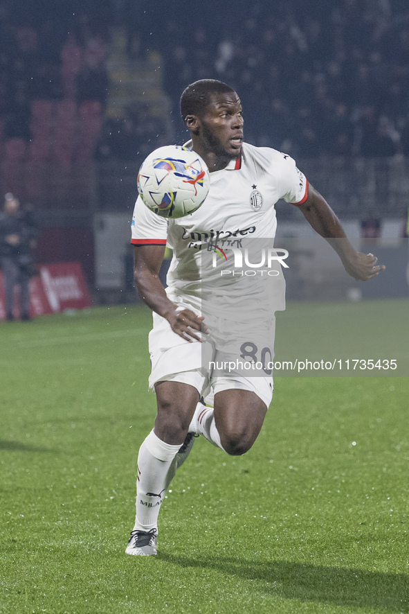 Yunus Musah plays during the Serie A match between AC Monza and AC Milan in Monza, Italy, on November 2, 2024, at U-Power Stadium 