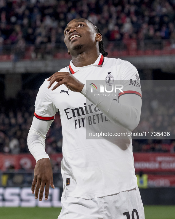 Rafael Leao plays during the Serie A match between AC Monza and AC Milan at U-Power Stadium in Monza, Italy, on November 2, 2024. 