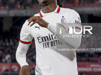 Rafael Leao plays during the Serie A match between AC Monza and AC Milan at U-Power Stadium in Monza, Italy, on November 2, 2024. (