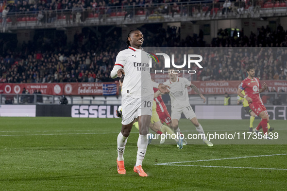 Rafael Leao plays during the Serie A match between AC Monza and AC Milan at U-Power Stadium in Monza, Italy, on November 2, 2024. 