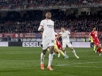 Rafael Leao plays during the Serie A match between AC Monza and AC Milan at U-Power Stadium in Monza, Italy, on November 2, 2024. (