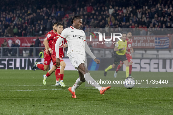 Rafael Leao plays during the Serie A match between AC Monza and AC Milan at U-Power Stadium in Monza, Italy, on November 2, 2024. 