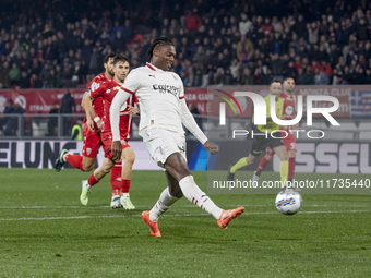 Rafael Leao plays during the Serie A match between AC Monza and AC Milan at U-Power Stadium in Monza, Italy, on November 2, 2024. (