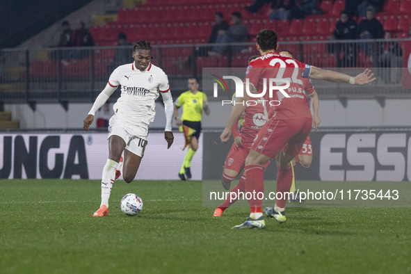 Rafael Leao plays during the Serie A match between AC Monza and AC Milan at U-Power Stadium in Monza, Italy, on November 2, 2024. 