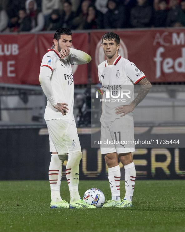 Theo Hernandez and Christian Pulisic play during the Serie A match between AC Monza and AC Milan at U-Power Stadium in Monza, Italy, on Nove...