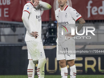 Theo Hernandez and Christian Pulisic play during the Serie A match between AC Monza and AC Milan at U-Power Stadium in Monza, Italy, on Nove...