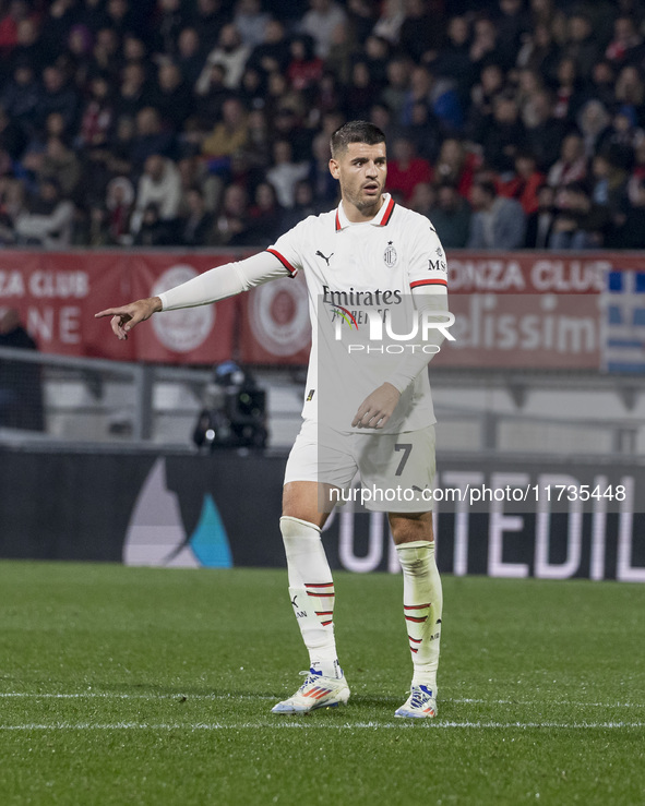 Alvaro Morata plays during the Serie A match between AC Monza and AC Milan at U-Power Stadium in Monza, Italy, on November 2, 2024 