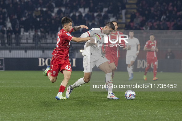 Alvaro Morata plays during the Serie A match between AC Monza and AC Milan at U-Power Stadium in Monza, Italy, on November 2, 2024 