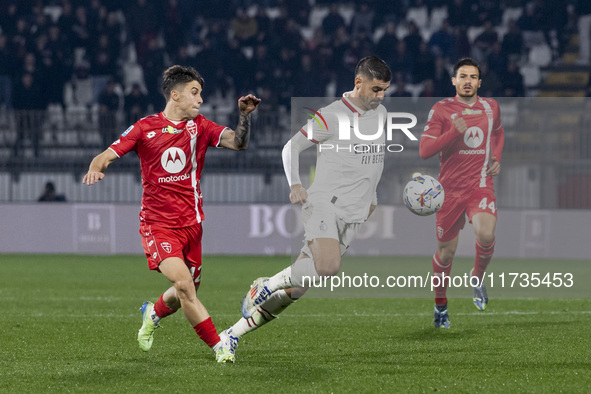 Alvaro Morata plays during the Serie A match between AC Monza and AC Milan at U-Power Stadium in Monza, Italy, on November 2, 2024 