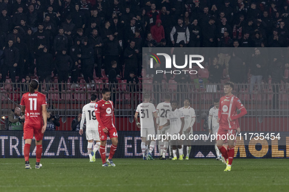 Tijjani Reijnders celebrates after scoring a goal during the Serie A football match between AC Monza and AC Milan at U-Power Stadium in Monz...