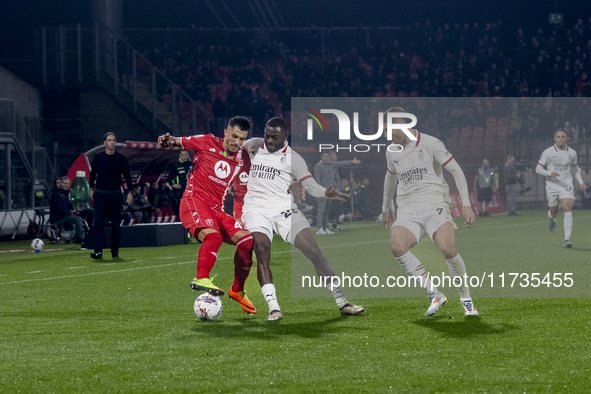 Dany Mota and Youssouf Fofana are in action during the Serie A match between AC Monza and AC Milan in Monza, Italy, on November 2, 2024, at...