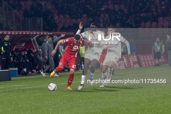 Dany Mota, Youssouf Fofana, and Alvaro Morata are in action during the Serie A match between AC Monza and AC Milan at U-Power Stadium in Mon...