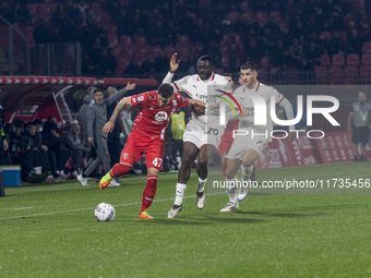 Dany Mota, Youssouf Fofana, and Alvaro Morata are in action during the Serie A match between AC Monza and AC Milan at U-Power Stadium in Mon...