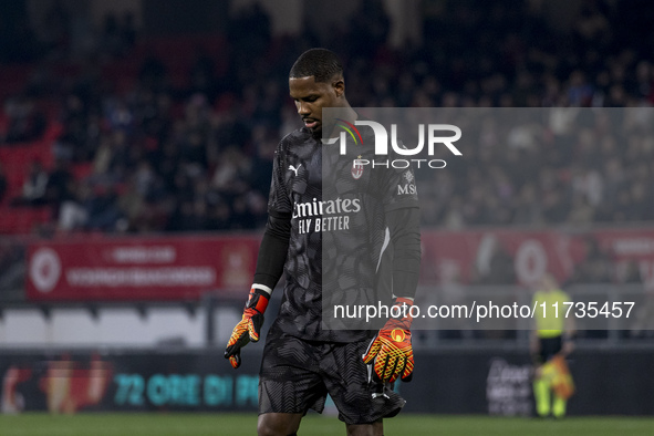 Mike Maignan plays during the Serie A match between AC Monza and AC Milan at U-Power Stadium in Monza, Italy, on November 2, 2024. 