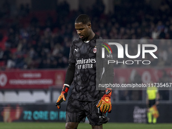 Mike Maignan plays during the Serie A match between AC Monza and AC Milan at U-Power Stadium in Monza, Italy, on November 2, 2024. (