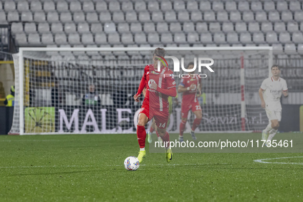 Daniel Maldini plays during the Serie A match between AC Monza and AC Milan at U-Power Stadium in Monza, Italy, on November 2, 2024. 