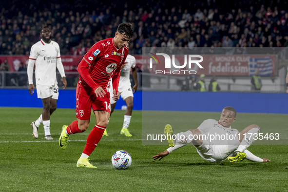 Daniel Maldini plays during the Serie A match between AC Monza and AC Milan at U-Power Stadium in Monza, Italy, on November 2, 2024. 